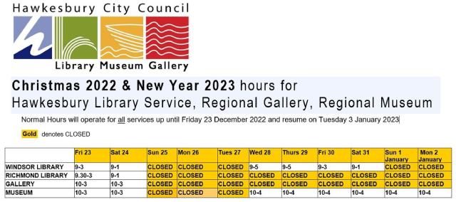 Hawkesbury Library Service trading hours over Christmas/New Year Hawkesbury Library Service trading hours over Christmas/New Year - Hawkesbury Library Service trading hours over Christmas/New Year Hawkesbury Library Service Hawkesbury Library Service Trading Hours Over Christmas/New Year