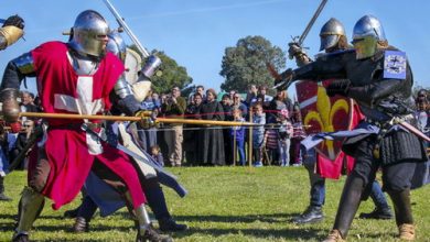Medieval reenactors fighting at the Winterfest Sydney Medieval Fair