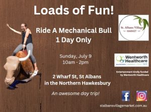 St. Albans Village Market ride a mechanical bull banner