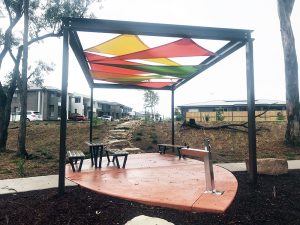 Barry Road Reserve seating and shelter with sail roof