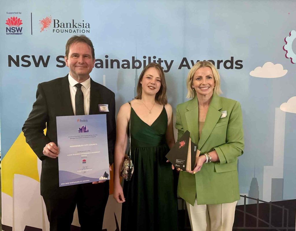 Hawkesbury City Council Strategic Planning Manager Andrew Kearns, Sustainability Officer Charlotte Weaver and General Manager Elizabeth Richardson with the 2024 NSW Banksia Award
