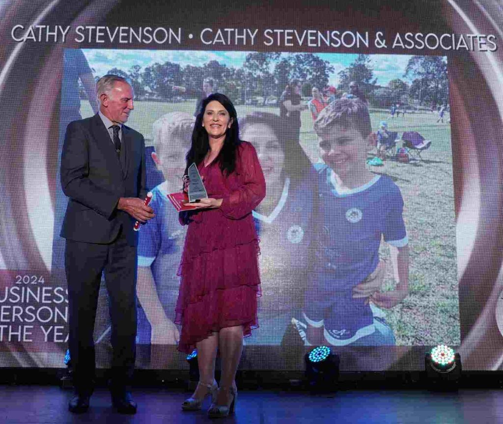 Business Person of the Year Award winner Cathy Stevenson of Cathy Stevenson & Associates with Mayor Les Sheather at the Hawkesbury Local Business Awards