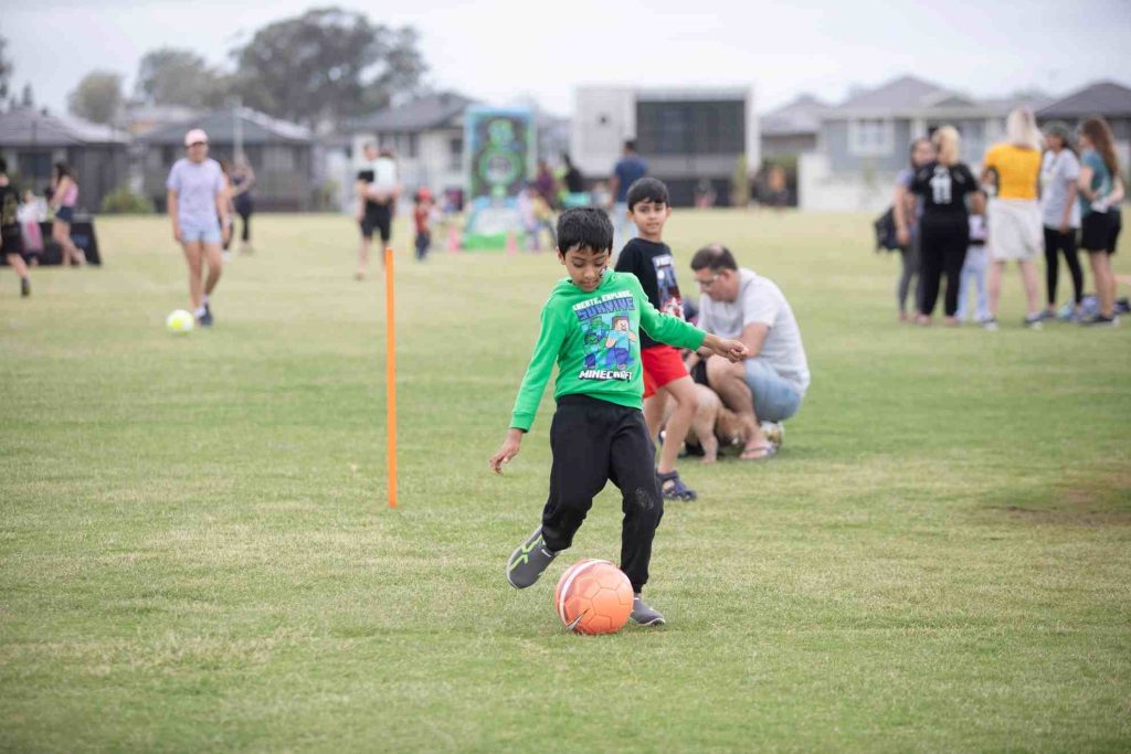 Soccer activities at the opening of Stringer Road Reserve in North Kellyville